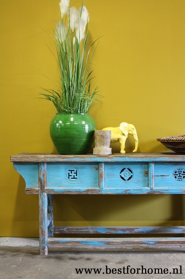 Stoer Verweerd Blauw Oud Houten Sidetable Uniek Vintage Landelijk Wandmeubel NO 431 4