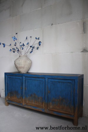 Chinees 3-Deurs Vintage Blauw Houten Dressoir Unieke Kast Retro Oosters NO 566 2