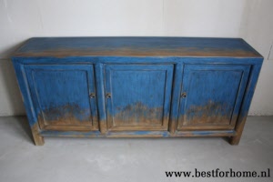Chinees 3-Deurs Vintage Blauw Houten Dressoir Unieke Kast Retro Oosters NO 566 3