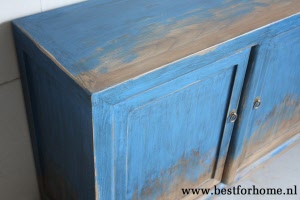 Chinees 3-Deurs Vintage Blauw Houten Dressoir Unieke Kast Retro Oosters NO 566 4