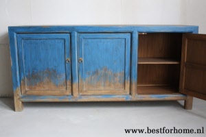 Chinees 3-Deurs Vintage Blauw Houten Dressoir Unieke Kast Retro Oosters NO 566 5