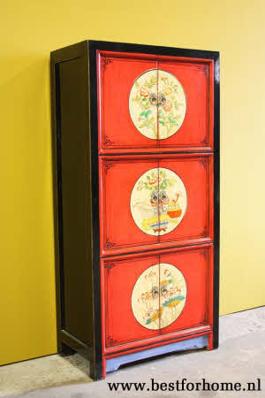 Kleurrijk Chinees Handbeschilderd Kastje Unieke Rode Bohemian Style Kast NO 606 5