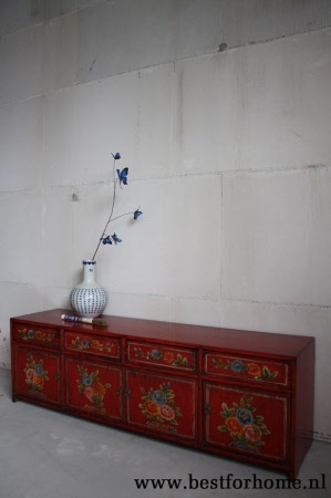 Kleurrijke Chinese Kast Beschilderde Bloemen Uniek Bohemian Oosters Dressoir NO 387 2