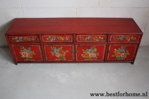 Kleurrijke Chinese Kast Beschilderde Bloemen Uniek Bohemian Oosters Dressoir NO 387 3