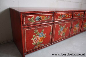 Kleurrijke Chinese Kast Beschilderde Bloemen Uniek Bohemian Oosters Dressoir NO 387 4