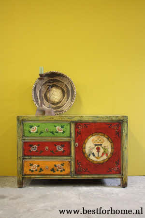 Stoer Uniek Gekleurd Houten Dressoir Werelds Kastje NO 599 2