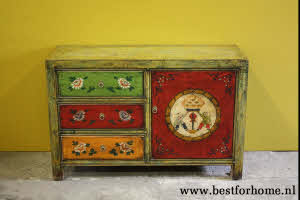 Stoer Uniek Gekleurd Houten Dressoir Werelds Kastje NO 599 4