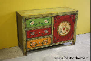 Stoer Uniek Gekleurd Houten Dressoir Werelds Kastje NO 599 6