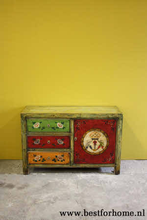 Stoer Uniek Gekleurd Houten Dressoir Werelds Kastje NO 599 7