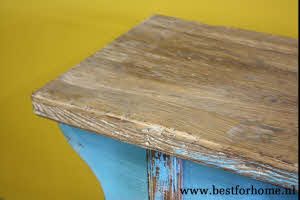 Stoer Verweerd Blauw Oud Houten Sidetable Uniek Vintage Landelijk Wandmeubel NO 431 10