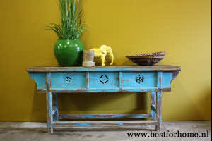 Stoer Verweerd Blauw Oud Houten Sidetable Uniek Vintage Landelijk Wandmeubel NO 431 2