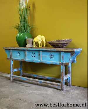 Stoer Verweerd Blauw Oud Houten Sidetable Uniek Vintage Landelijk Wandmeubel NO 431 3