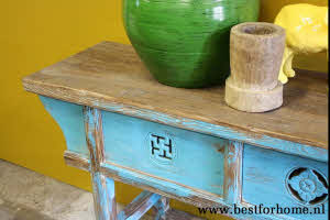 Stoer Verweerd Blauw Oud Houten Sidetable Uniek Vintage Landelijk Wandmeubel NO 431 5