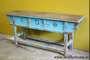 Stoer Verweerd Blauw Oud Houten Sidetable Uniek Vintage Landelijk Wandmeubel NO 431 6