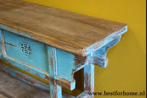 Stoer Verweerd Blauw Oud Houten Sidetable Uniek Vintage Landelijk Wandmeubel NO 431 7