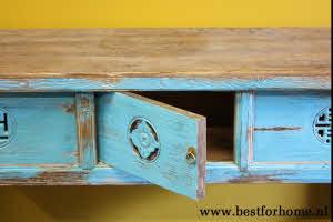 Stoer Verweerd Blauw Oud Houten Sidetable Uniek Vintage Landelijk Wandmeubel NO 431 8