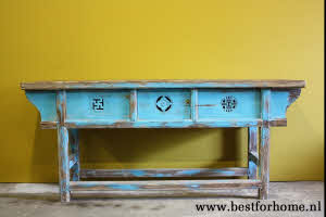 Stoer Verweerd Blauw Oud Houten Sidetable Uniek Vintage Landelijk Wandmeubel NO 431 9