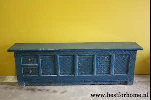 Uniek Dressoir Oosters Hout Donkerblauw Wandmeubel Stoere Kast India NO 670 4