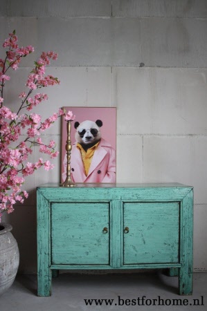 Unieke Chinese Glanzende Kast Mint Kleurrijk 2-Deurs Houten Dressoir NO 106 2