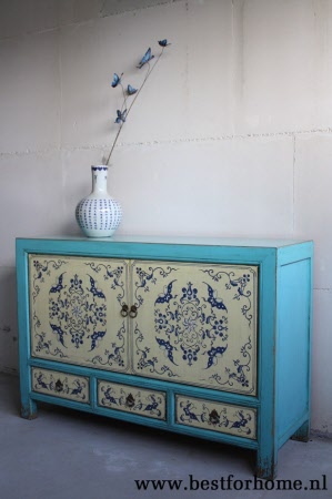 Unieke Oosterse Kast Vintage Blauw Wit Chinees Dressoir Werelds NO 277 2
