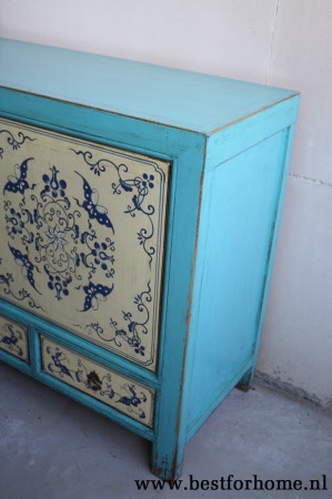 Unieke Oosterse Kast Vintage Blauw Wit Chinees Dressoir Werelds NO 277 5