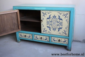Unieke Oosterse Kast Vintage Blauw Wit Chinees Dressoir Werelds NO 277 6