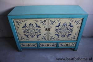 Unieke Oosterse Kast Vintage Blauw Wit Chinees Dressoir Werelds NO 277 7